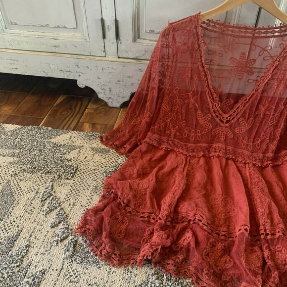 New Red Lace Crochet Boho Folk Tunic Blouse Top Cover-Up Womens - Picture 5 of 9